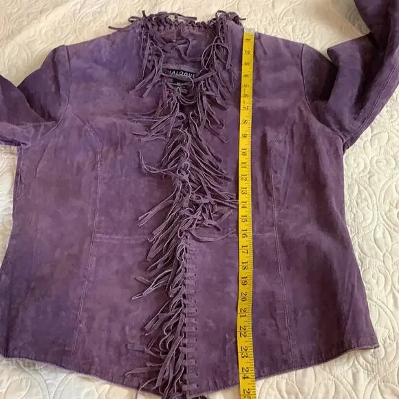 Dialogue purple 100% leather fringed jacket shoulder pads fully lined size M - Picture 8 of 8